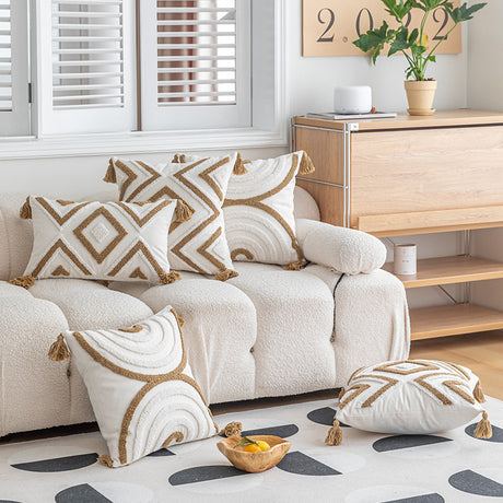Boho Throw Pillow Covers with Tassels Geometric Tufted Cotton Sail Cushion for Sofa & Bedroom Decor.