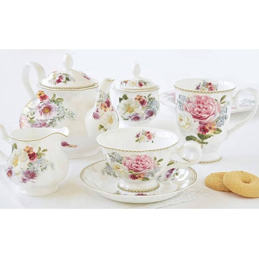 Bone China Tea Set with Pink Flowers