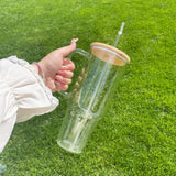 Borosilicate Bamboo Drinking Glass Cup with Lid and Straw – 1200ml