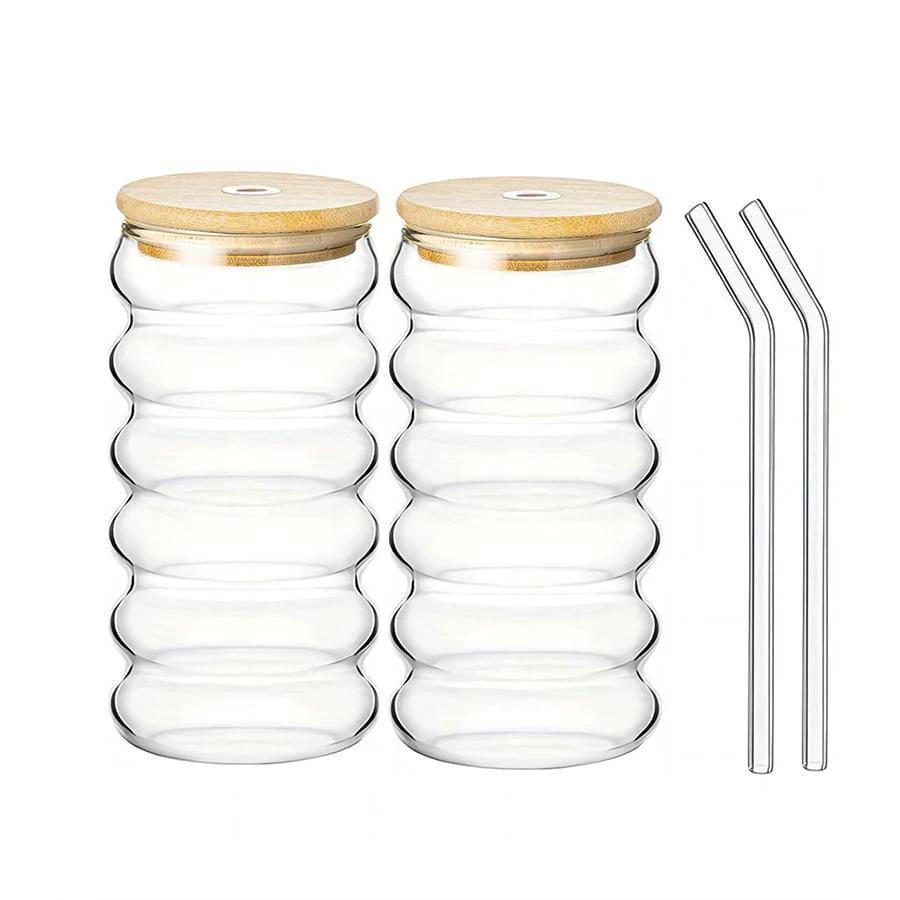 Borosilicate Ripple Wave Glass Cup with Bamboo Lid 500ml MultiPurpose Beverage Glass for Beer, Juice, Ice Coffee, and Cocktails tableware Beer Glasses
