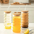Borosilicate Ripple Wave Glass Cup with Bamboo Lid 500ml MultiPurpose Beverage Glass for Beer, Juice, Ice Coffee, and Cocktails tableware Beer Glasses
