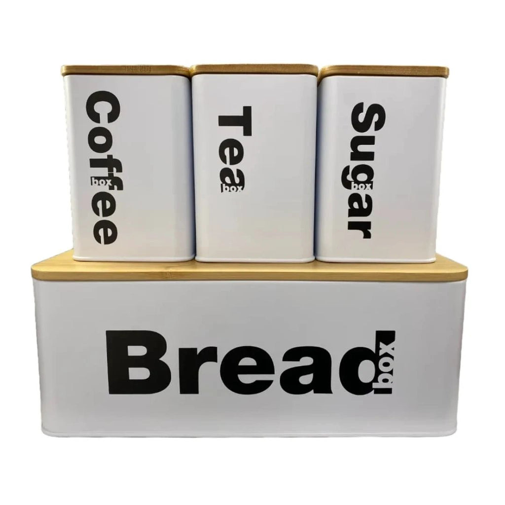 Bread Bin with Three Canister Set – Bamboo Lid Kitchen Storage in White or Black Kitchen Storage Storage & Organization