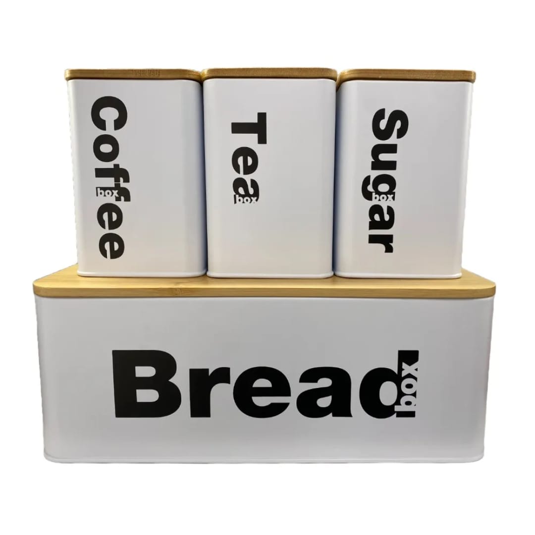 Bread Bin with Three Canister Set – Bamboo Lid Kitchen Storage in White or Black