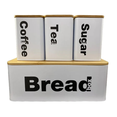 Bread Bin with Three Canister Set – Bamboo Lid Kitchen Storage in White or Black