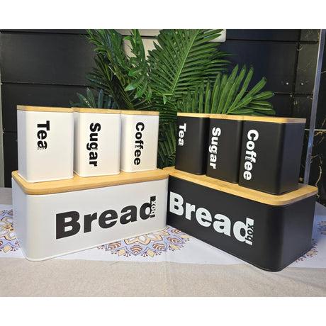 Bread Bin with Three Canister Set – Bamboo Lid Kitchen Storage in White or Black