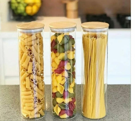 2000ml Glass Spaghetti & Cereal Jar with Airtight Bamboo Lid – Round- Furaha Finds Kenya