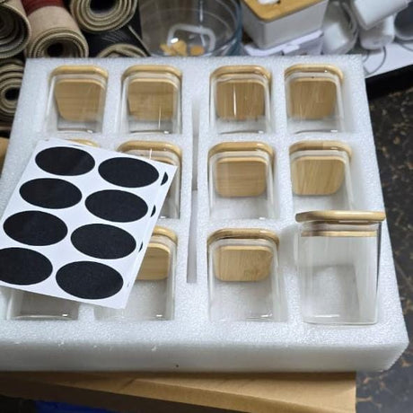12pc Square Glass Spice Jar Set – 300ml with Bamboo Lids, Stickers & Pen- Furaha Finds Kenya