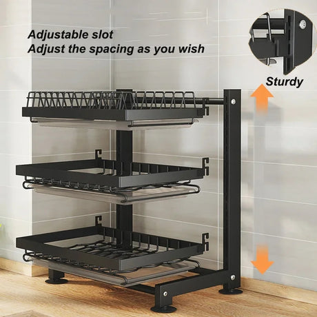 Carbon Steel 3layer Height Adjustable High Quality Dishrack with Drain Trays| Chopping Board & Cutlery, 40.2 cm x 28.2 cm x 61.2 cm Holders