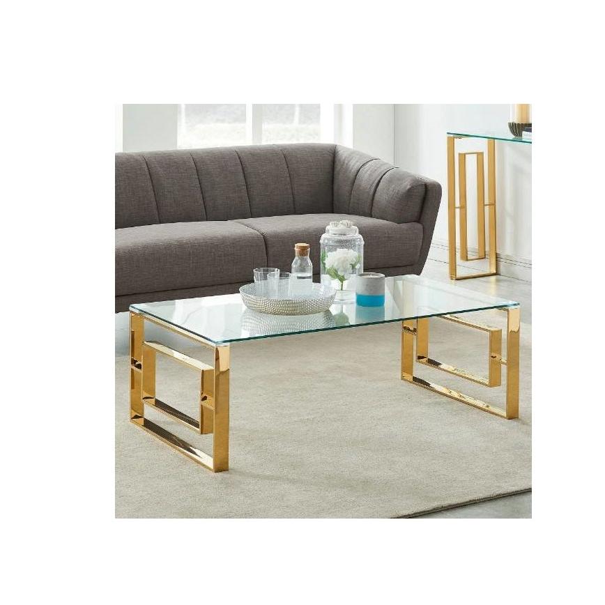 Central Glass Coffee Table | Minimalist Design with Polished Gold Stainless Steel Stands & Tempered Glass Top