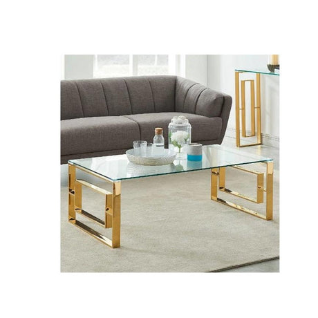 Central Glass Coffee Table | Minimalist Design with Polished Gold Stainless Steel Stands & Tempered Glass Top