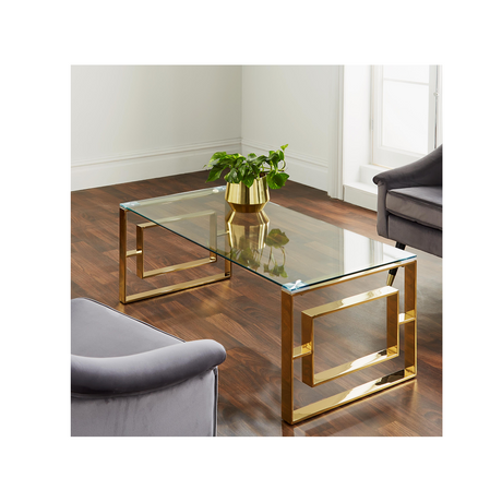 Central Glass Coffee Table | Minimalist Design with Polished Gold Stainless Steel Stands & Tempered Glass Top