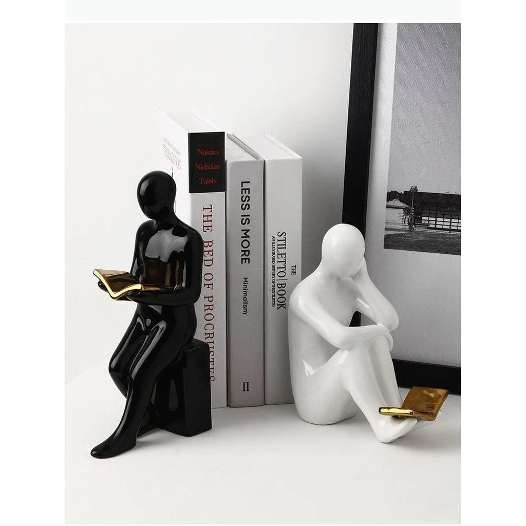 Ceramic Bookends Reader Shape Sculptures – Decorative Book Holder Set Home decor Bookends