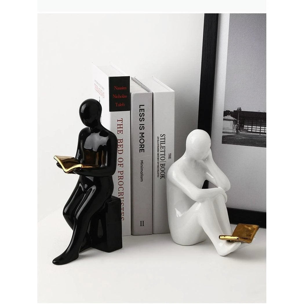 Ceramic Bookends Reader Shape Sculptures – Decorative Book Holder Set Home decor Bookends