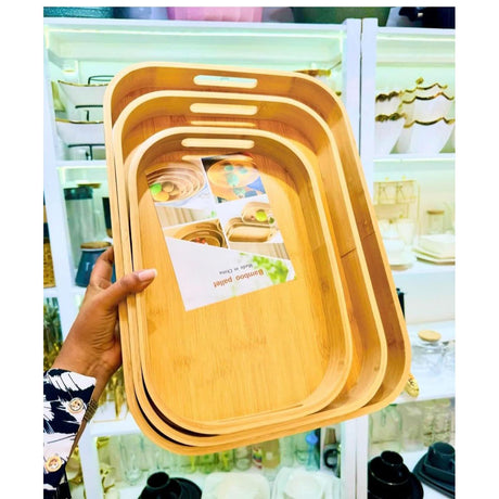 Classic Style Bamboo Tray 3 Piece Set | Square Wooden Serving Trays for Tea, Breakfast, and Party Use