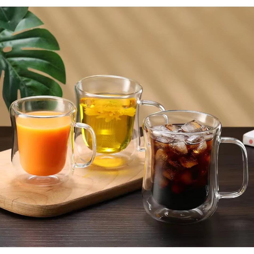Clear Glass Coffee Mugs with Handles 450ml Double Wall Insulated Coffee Cups for Tea, Coffee, and Espresso.