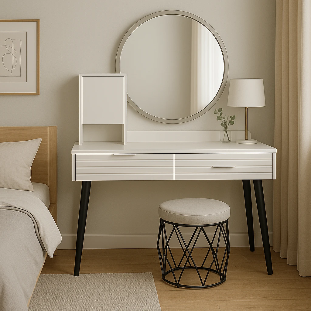 Contemporary Dressing Table with Round Mirror Ribbed Drawer Design, Organizer Shelf & Padded Stool Makeup Vanities