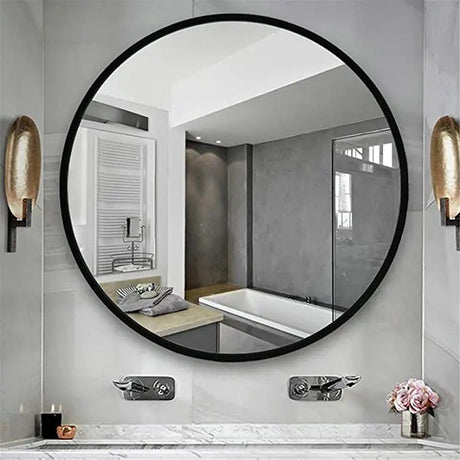 Contemporary Round Mirror Elegant Metal Frame Glass Mirror Glass Mirror Metal Frame Mirror Modern Wall Mirror Bathroom Vanity Mirror Entryway Mirror Living Room Mirror Bathroom Living Room Bedroom Entryways Home Decor