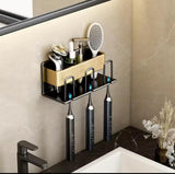 Metallic Wall-Mounted Toothbrush & Toothpaste Holder – Black Gold | Space-Saving Bathroom Organizer