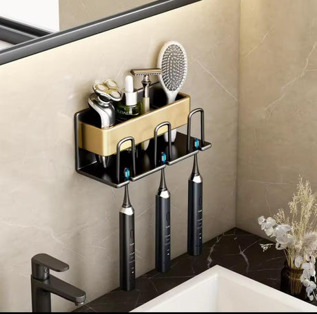 Metallic Wall-Mounted Toothbrush & Toothpaste Holder – Black Gold | Space-Saving Bathroom Organizer