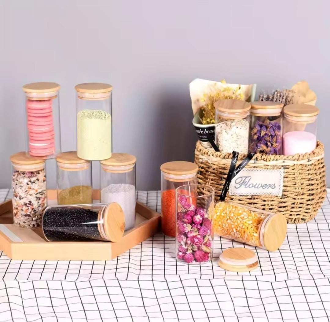 5pc Glass Spice Jar Set – 460ml with Airtight Bamboo Lids- Furaha Finds Kenya
