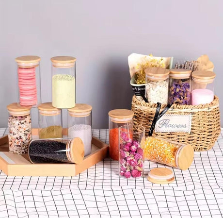 5pc Glass Spice Jar Set – 460ml with Airtight Bamboo Lids- Furaha Finds Kenya