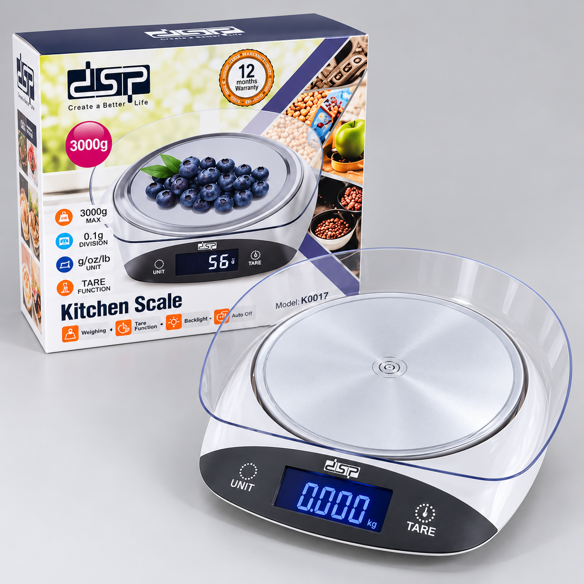 Digital Kitchen Scale 3 kg with Clear Plastic Bowl – White