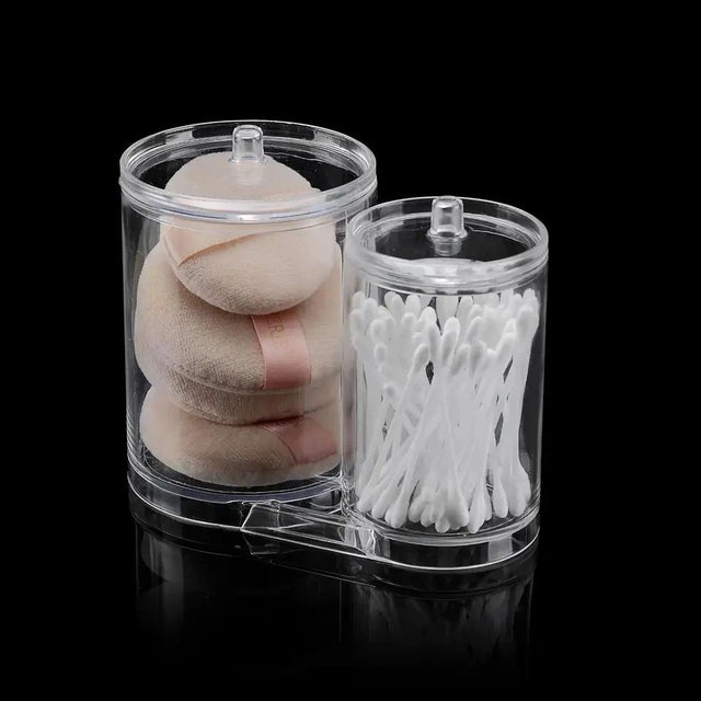 Double Barrel Acrylic Cotton Swab Storage Box Clear Organizer for Cotton Swabs, Pads, and Small Accessories