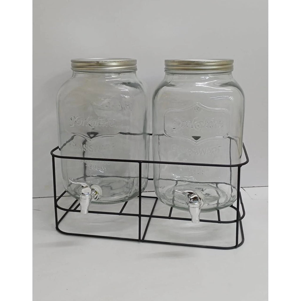 Double Glass Juice Dispensers | 8 Liters Each | Glass with Metallic Stand | Elegant and Durable Kitchen Gadgets Beverage Dispensers