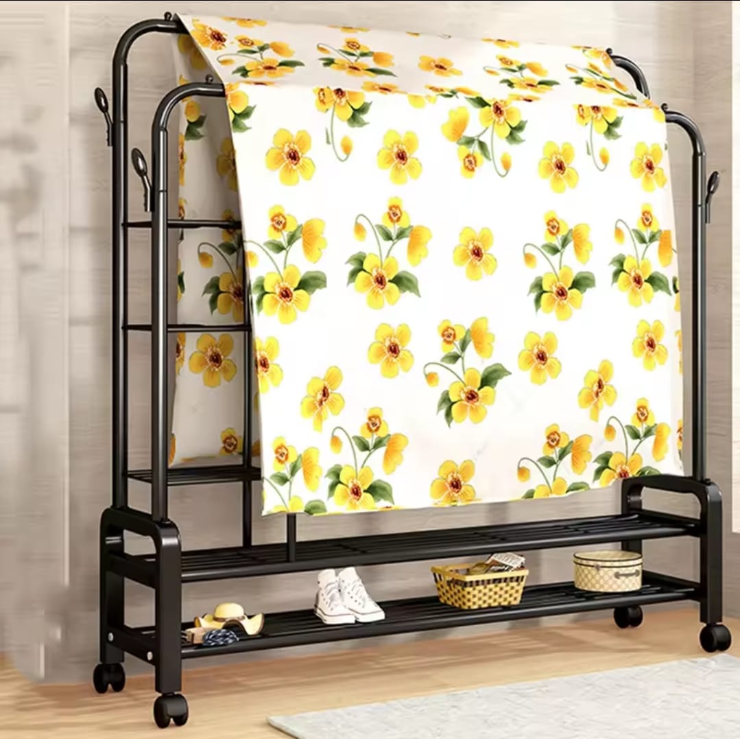 Double Layer Garment Rack Floor Standing Clothes Hanger with Shelves