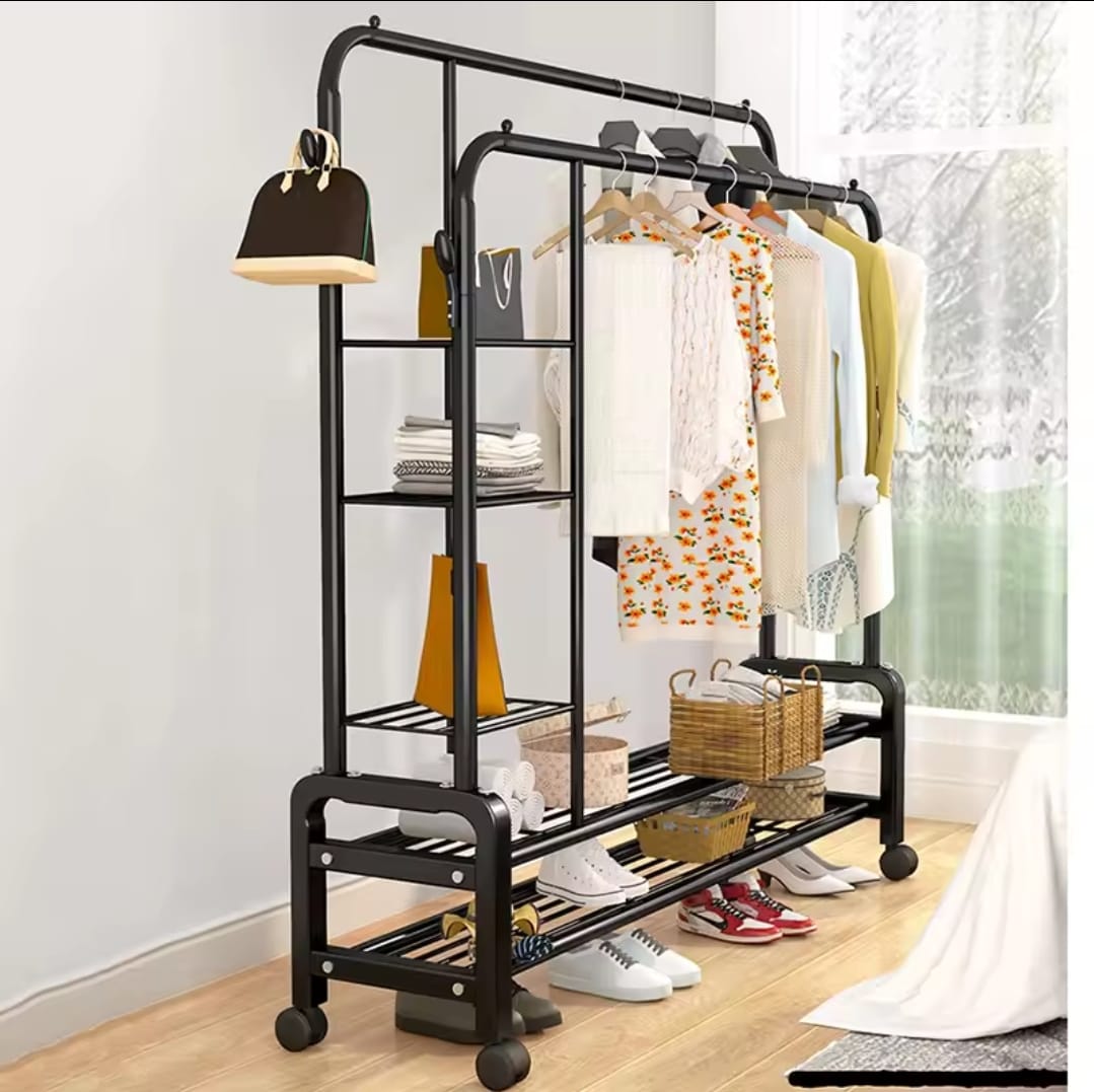 Double Layer Garment Rack Floor Standing Clothes Hanger with Shelves
