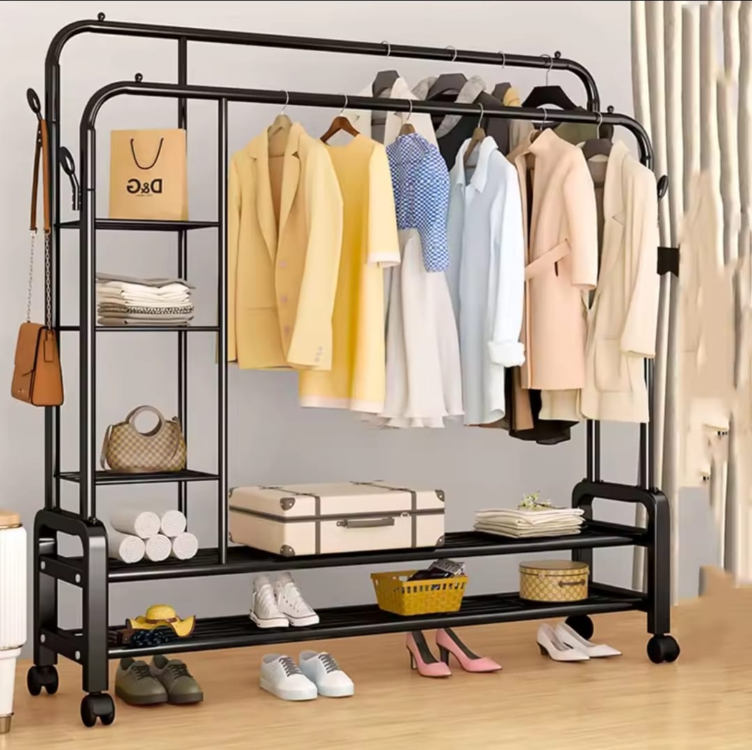 Double Layer Garment Rack Floor Standing Clothes Hanger with Shelves