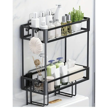 Double Layer Over-the-Toilet Rack | 34.5x15.2x42cm Black Metallic Bathroom Organizer