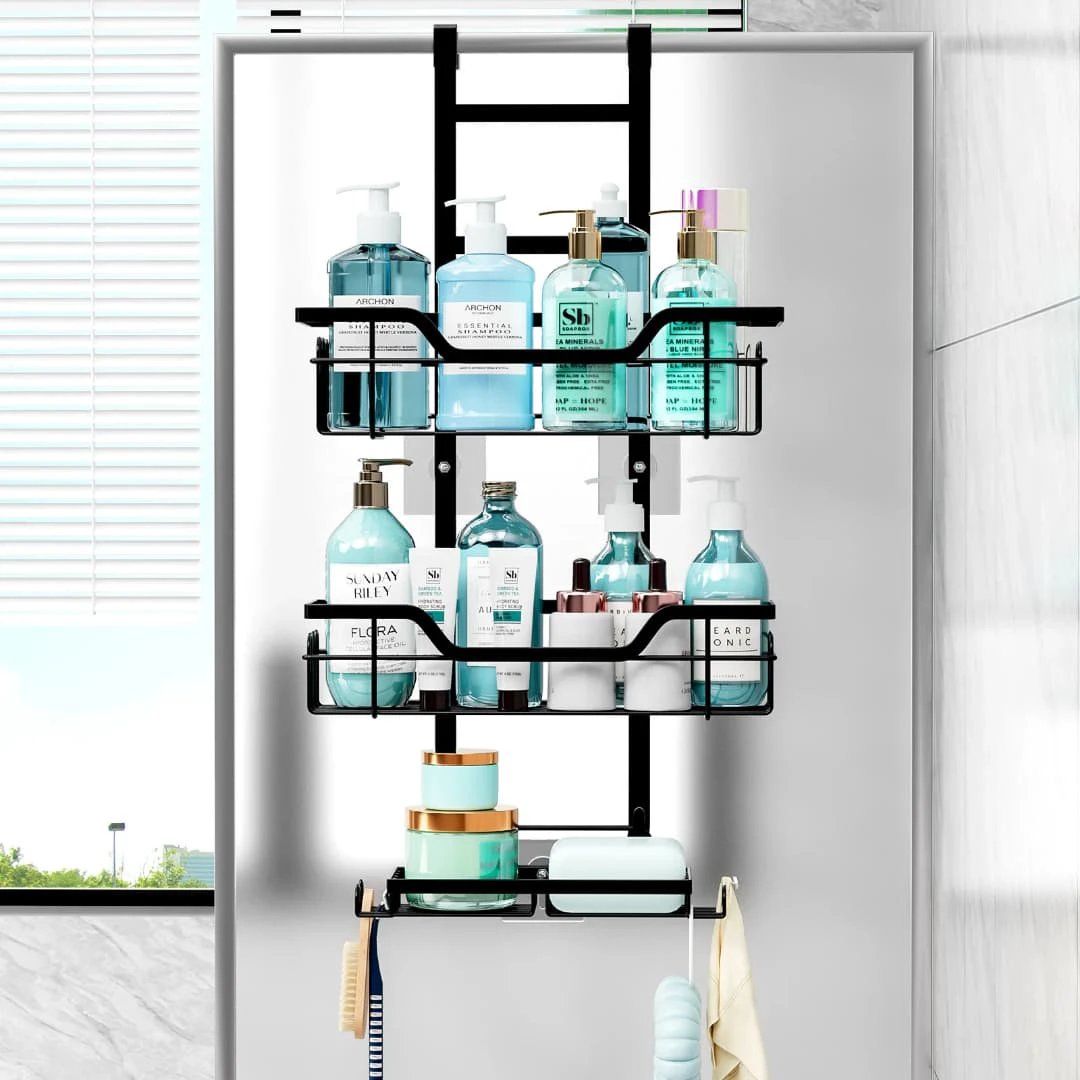 Drill-Free Over-Door Bathroom Shelf Organizer with Wall-Mounted Basket Racks Bathroom organiser Over-the-Toilet Caddies