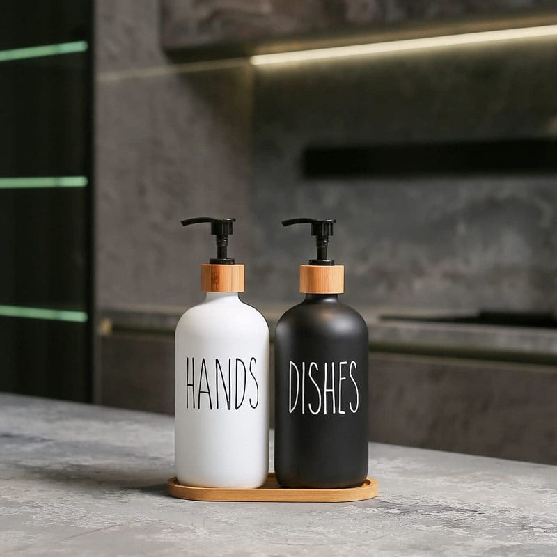 Dual Hand Wash Soap Dispenser with Bamboo Holder for Bathroom and Kitchen Use