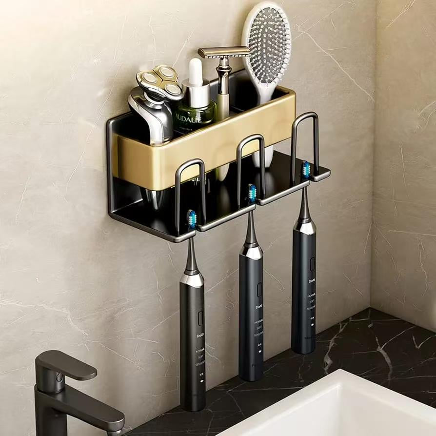 Metallic Wall-Mounted Toothbrush & Toothpaste Holder – Black Gold | Space-Saving Bathroom Organizer