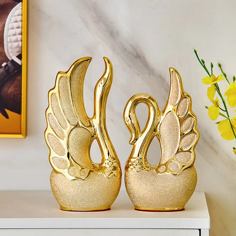 Elegant 2 Piece Swan Ornaments | Frosted Ceramic with Golden Accents