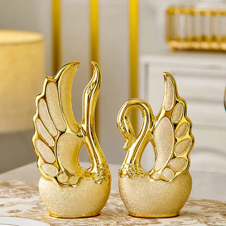 Elegant 2 Piece Swan Ornaments | Frosted Ceramic with Golden Accents