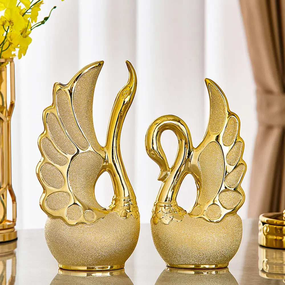 Elegant 2 Piece Swan Ornaments | Frosted Ceramic with Golden Accents