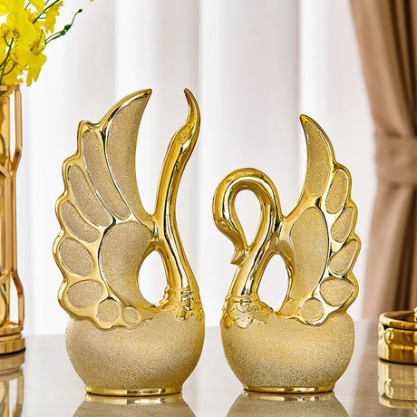 Elegant 2 Piece Swan Ornaments | Frosted Ceramic with Golden Accents