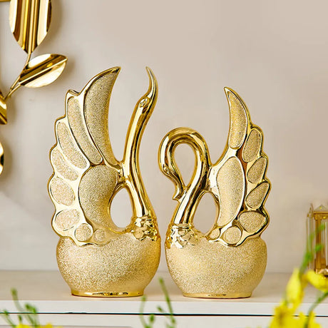Elegant 2 Piece Swan Ornaments | Frosted Ceramic with Golden Accents