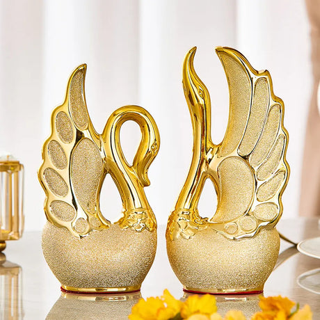 Elegant 2 Piece Swan Ornaments | Frosted Ceramic with Golden Accents