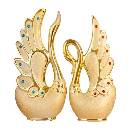 Elegant 2 Piece Swan Ornaments | Frosted Ceramic with Golden Accents