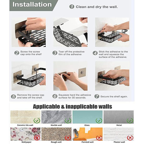 Elegant Adhesive Bathroom Organizer – Black Aluminum Wall Shelf (30.5 x 13 x 5.5 cm)
