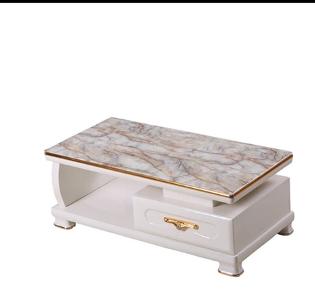 Elegant Marble Top Coffee Table Glossy Stone Finish with Storage Drawer and White Base