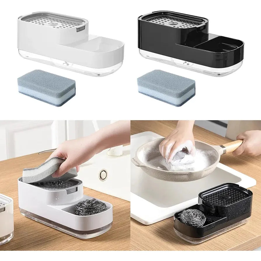 Elegant Nordic Style Soap Holder and Dispenser High Quality Plastic with Free Washing Sponge Black & White