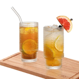 Embossed Vintage Glass Cup 320ml with Bamboo Lid, Straw, and Cleaning Brush