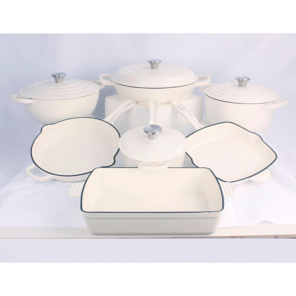 Enamel Cast Iron Cooking Pots Set with Frying Pan, Grill Pan and Baking Tray Cookware Cookware
