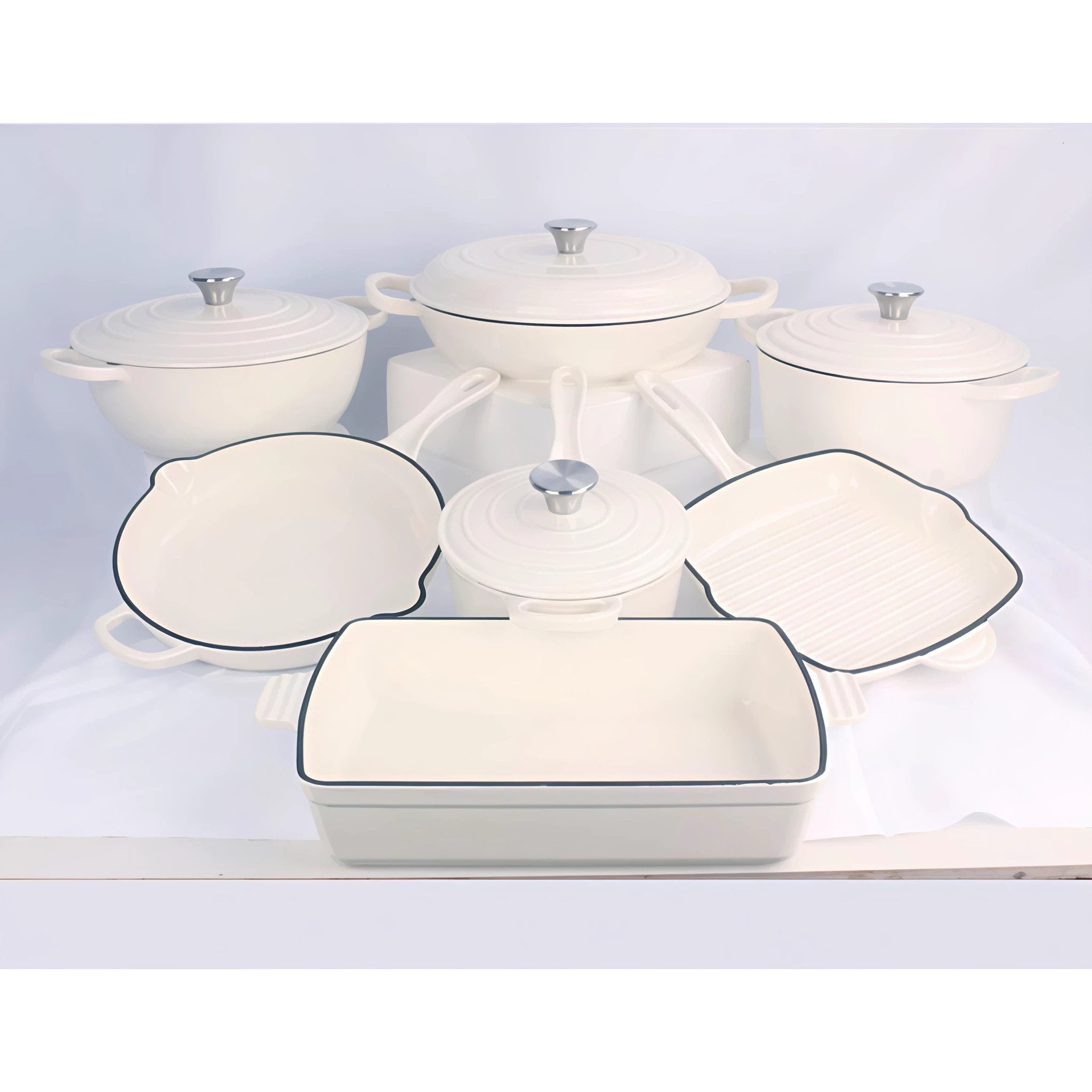 Enamel Cast Iron Cooking Pots Set with Frying Pan, Grill Pan and Baking Tray Cookware Cookware