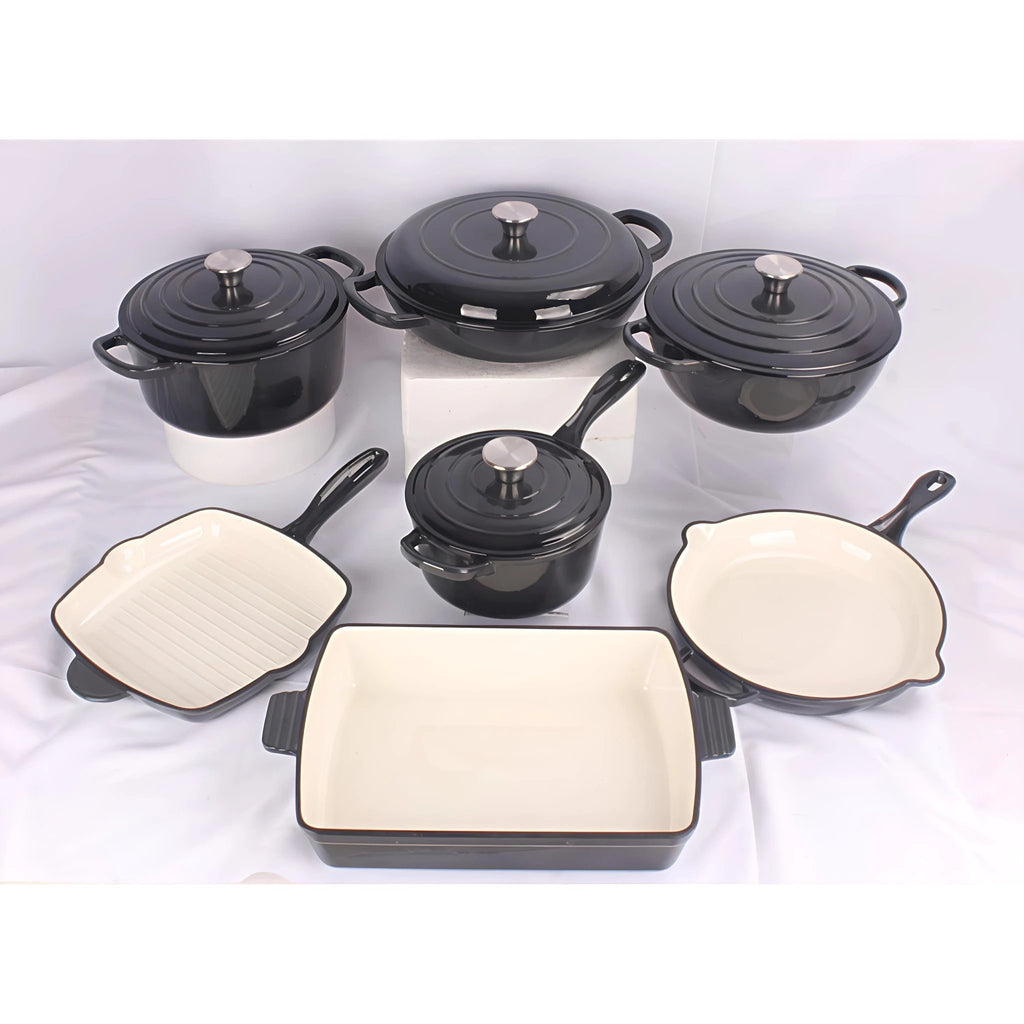 Enamel Cast Iron Cooking Pots Set with Frying Pan, Grill Pan and Baking Tray Cookware Cookware