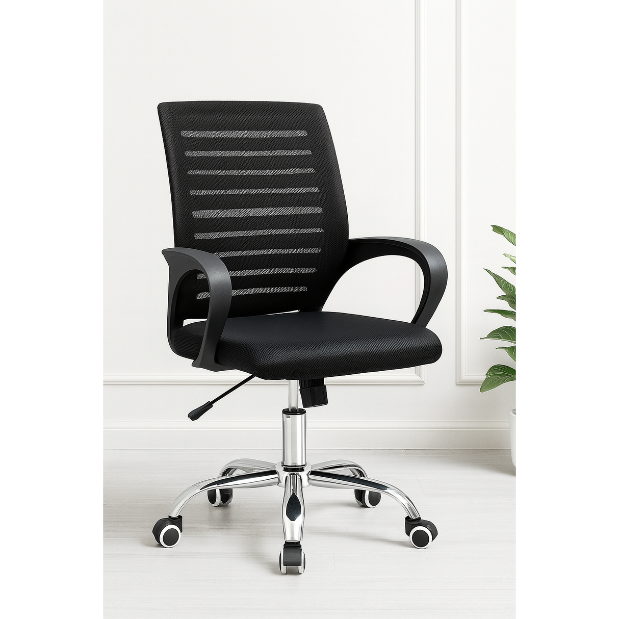 Ergonomic Black Mesh Office Chair with Chrome Base and Wheels